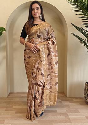 Brown Digital Print Pure Magicgold Organza Saree Set With Blouse