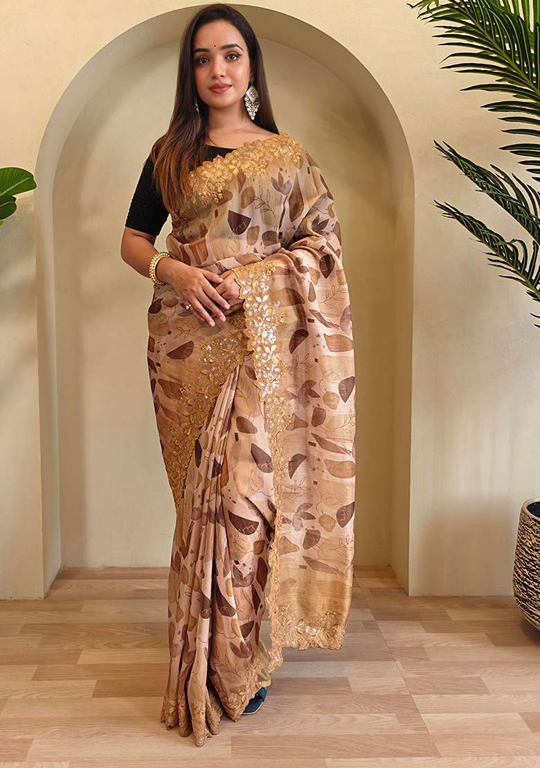 Brown Digital Print Pure Magicgold Organza Saree Set With Blouse - Indya