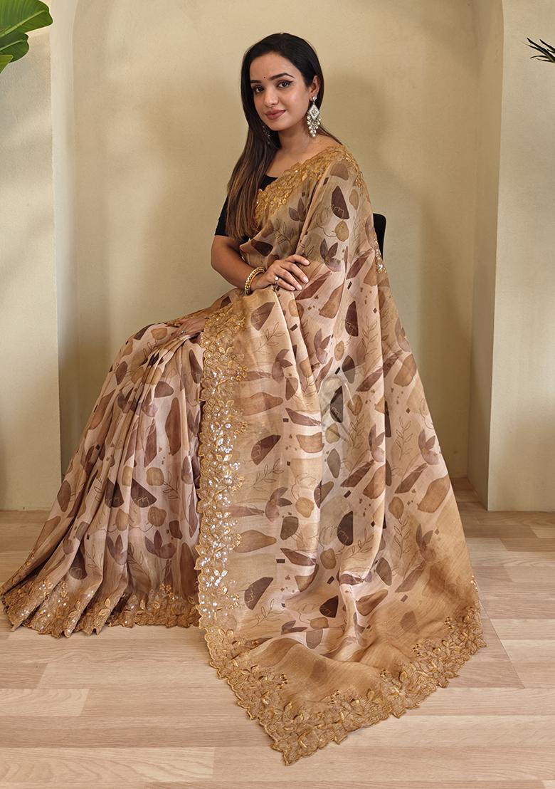 Brown Digital Print Pure Magicgold Organza Saree Set With Blouse