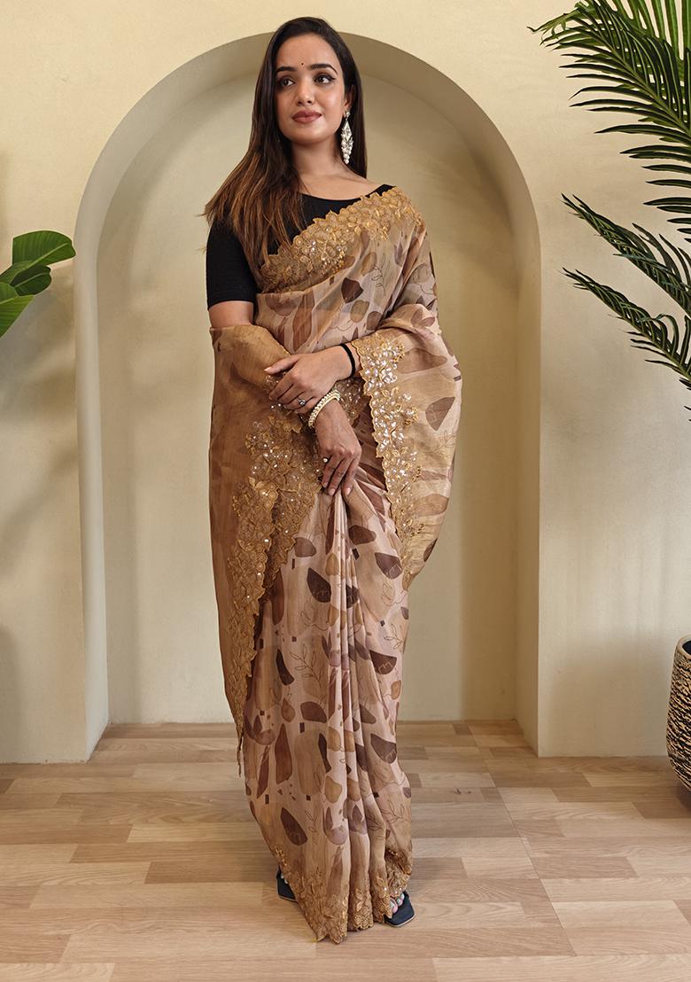 Brown Digital Print Pure Magicgold Organza Saree Set With Blouse
