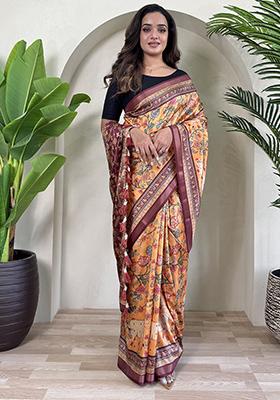 Orange Digital Print Pure Dola Viscose Saree Set With Blouse