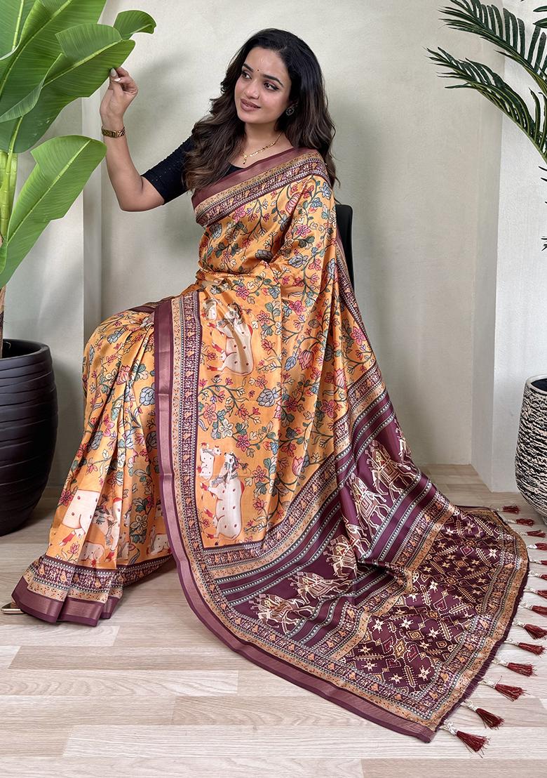 Orange Digital Print Pure Dola Viscose Saree Set With Blouse
