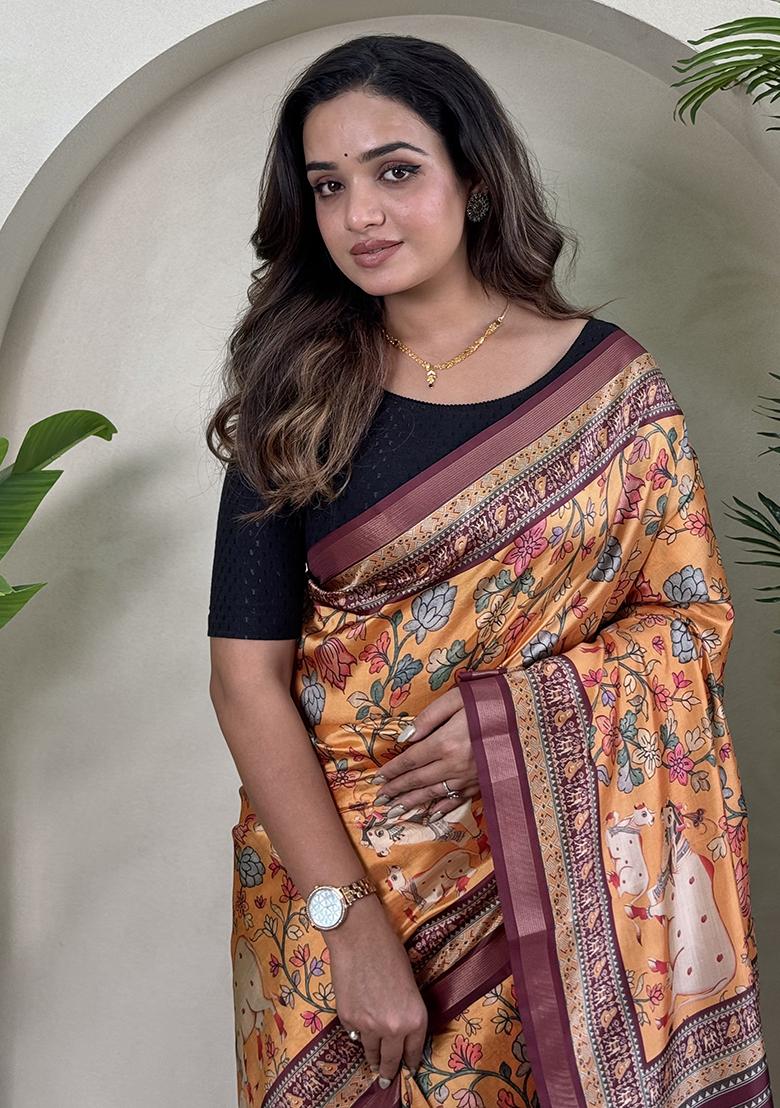 Orange Digital Print Pure Dola Viscose Saree Set With Blouse