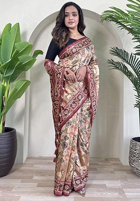 Cream Digital Print Pure Dola Viscose Saree Set With Blouse