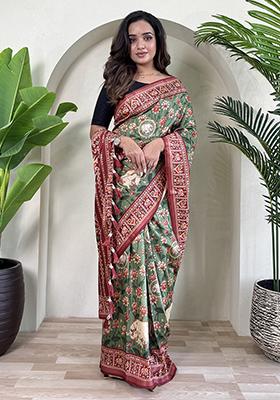 Green Digital Print Pure Dola Viscose Saree Set With Blouse