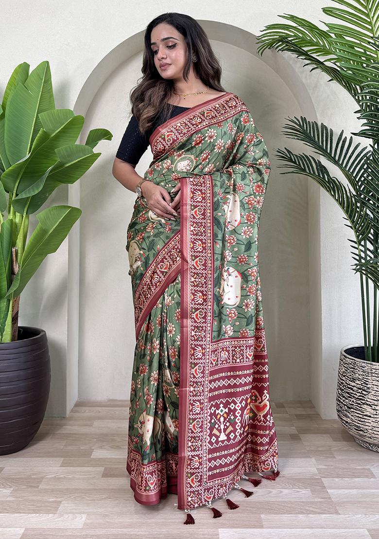 Green Digital Print Pure Dola Viscose Saree Set With Blouse