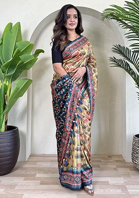 Chiku Brown Digital Print Pure Dola Viscose Saree Set With Blouse