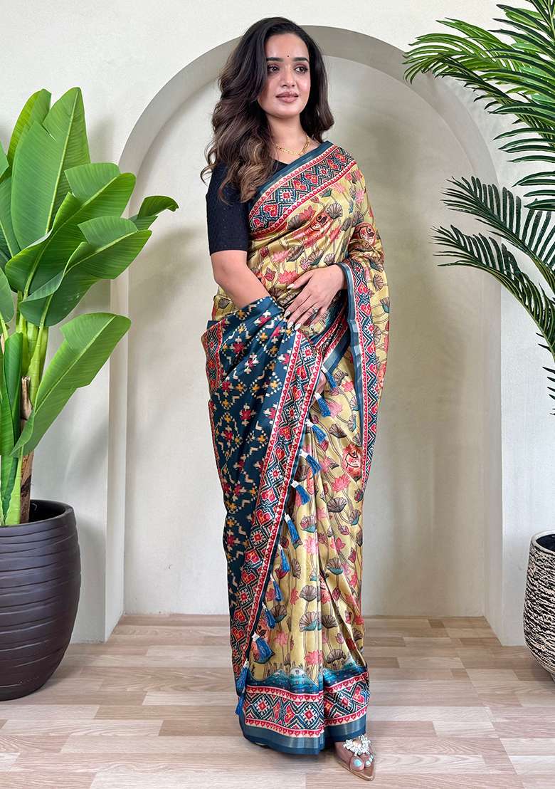 Chiku Brown Digital Print Pure Dola Viscose Saree Set With Blouse - Indya