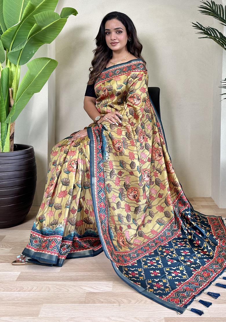 Chiku Brown Digital Print Pure Dola Viscose Saree Set With Blouse