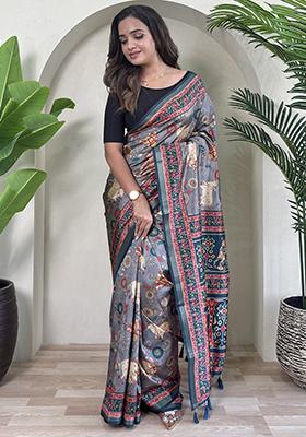 Grey Digital Print Pure Dola Viscose Saree Set With Blouse