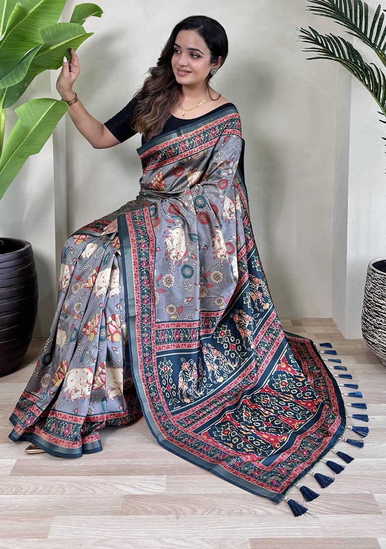 Grey Digital Print Pure Dola Viscose Saree Set With Blouse