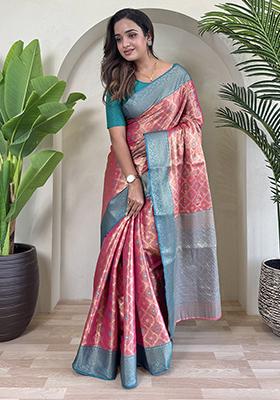 Pink Meena Zari Weaving Design Pure Tissue Silk Saree Set With Blouse