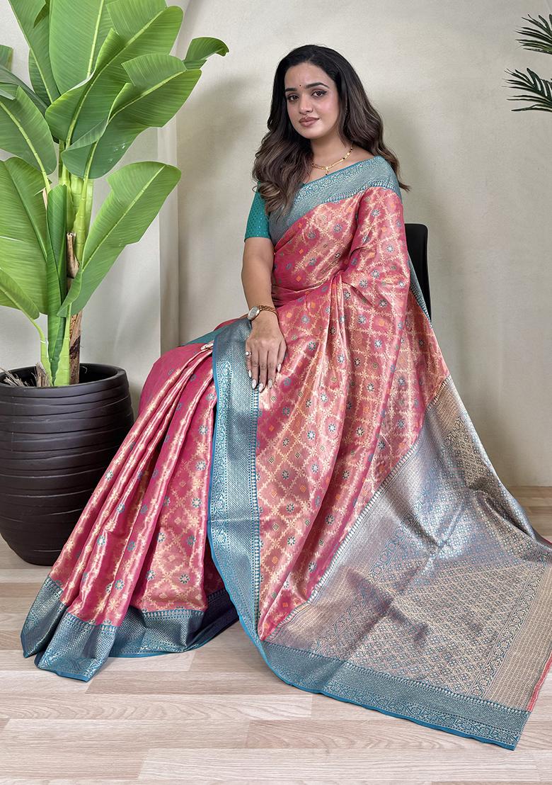 Pink Meena Zari Weaving Design Pure Tissue Silk Saree Set With Blouse
