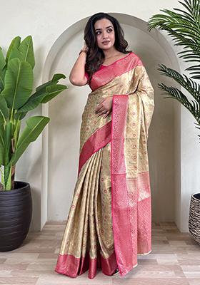 Cream Meena Zari Weaving Design Pure Tissue Silk Saree Set With Blouse