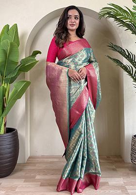 Blue Meena Zari Weaving Design Pure Tissue Silk Saree Set With Blouse