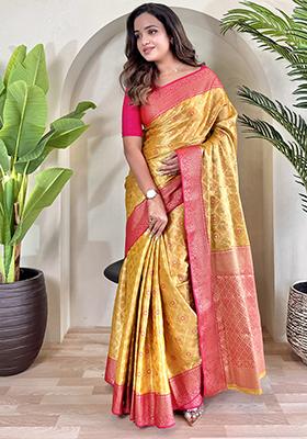 Mustard Yellow Meena Zari Weaving Design Pure Tissue Silk Saree Set With Blouse