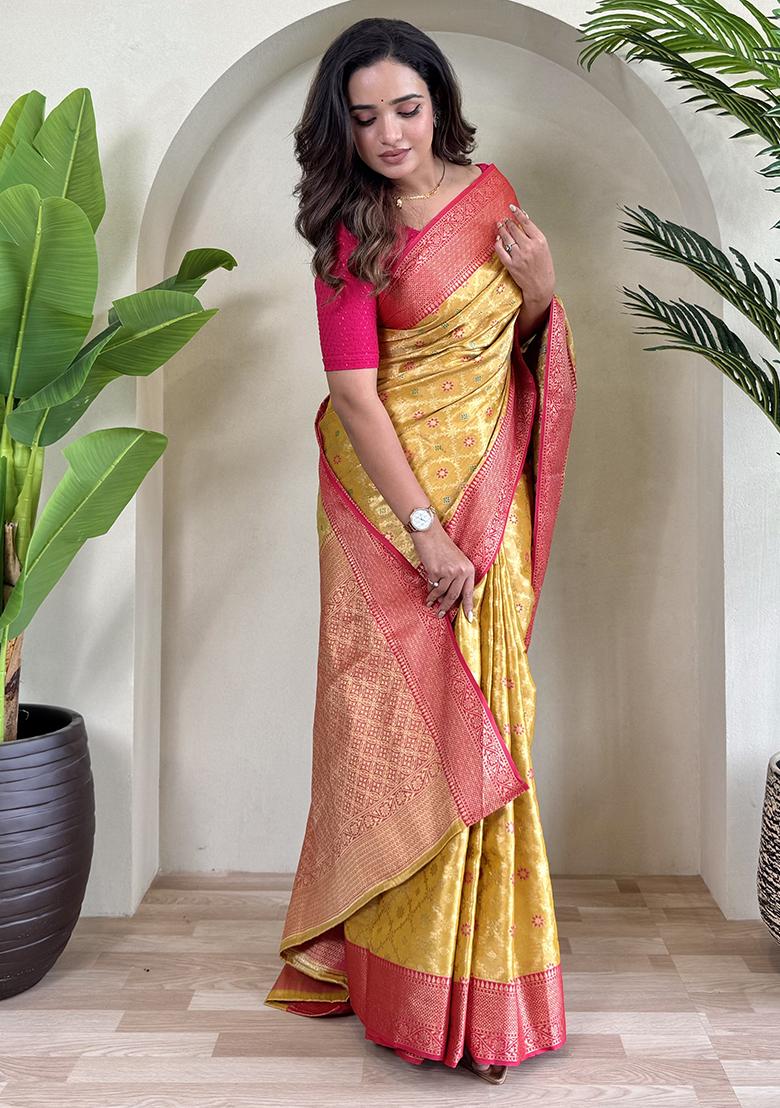 Mustard Yellow Meena Zari Weaving Design Pure Tissue Silk Saree Set With Blouse
