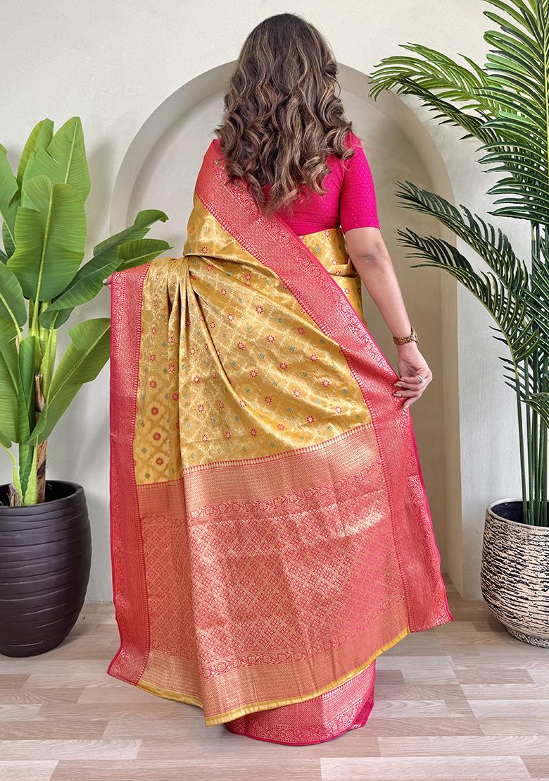 Mustard Yellow Meena Zari Weaving Design Pure Tissue Silk Saree Set With Blouse