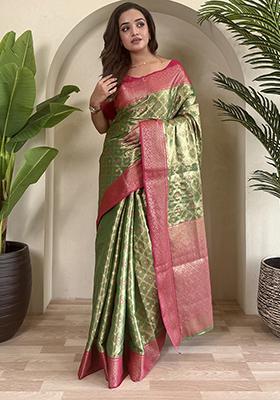 Green Meena Zari Weaving Design Pure Tissue Silk Saree Set With Blouse