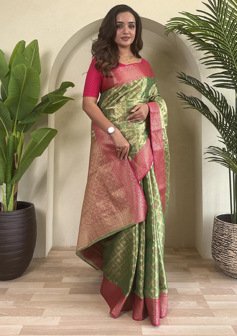Green Meena Zari Weaving Design Pure Tissue Silk Saree Set With Blouse