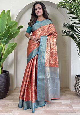 Orange Meena Zari Weaving Design Pure Tissue Silk Saree Set With Blouse