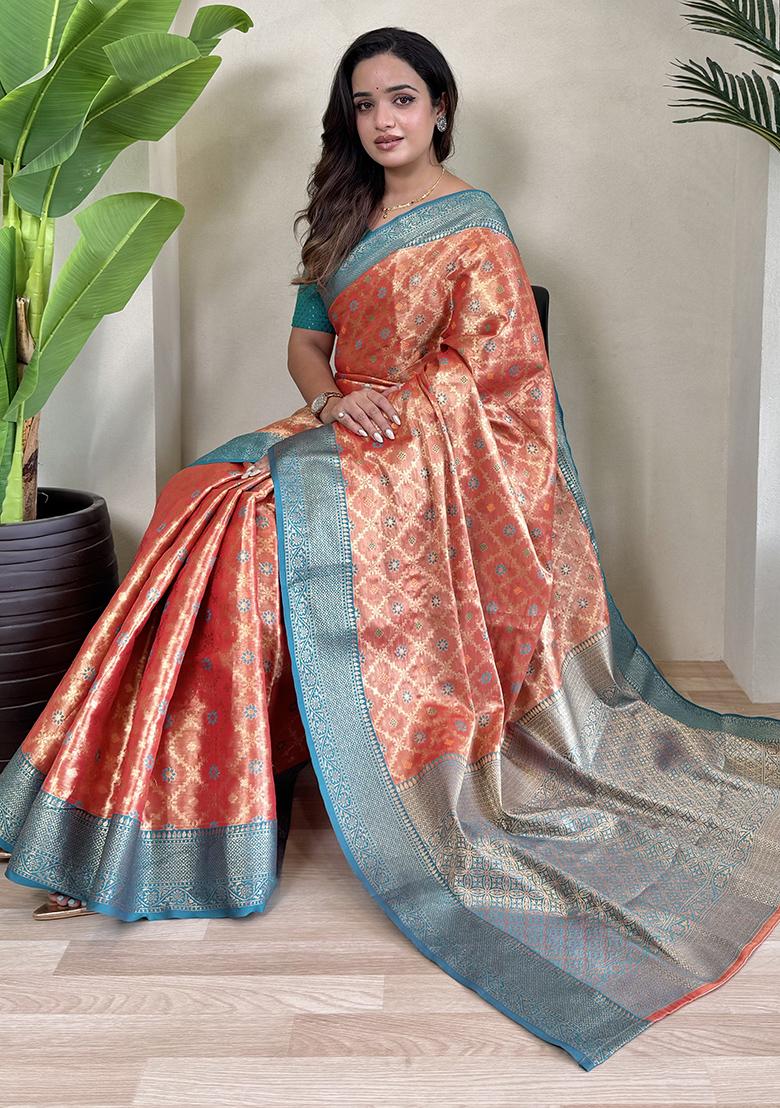 Orange Meena Zari Weaving Design Pure Tissue Silk Saree Set With Blouse