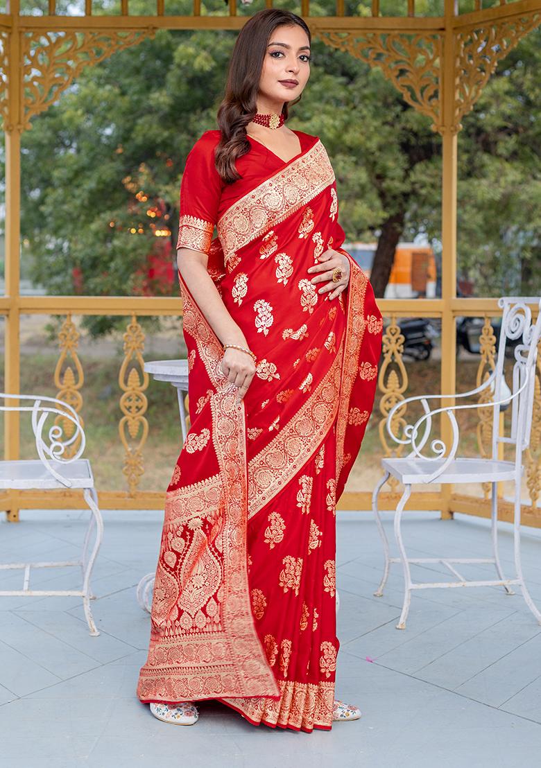 Red Banarasi Zari Weaving Work Satin Silk Saree Set With Blouse