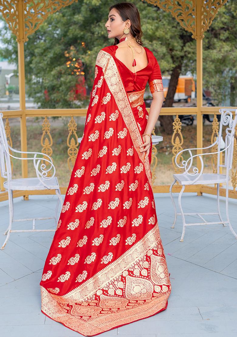 Red Banarasi Zari Weaving Work Satin Silk Saree Set With Blouse