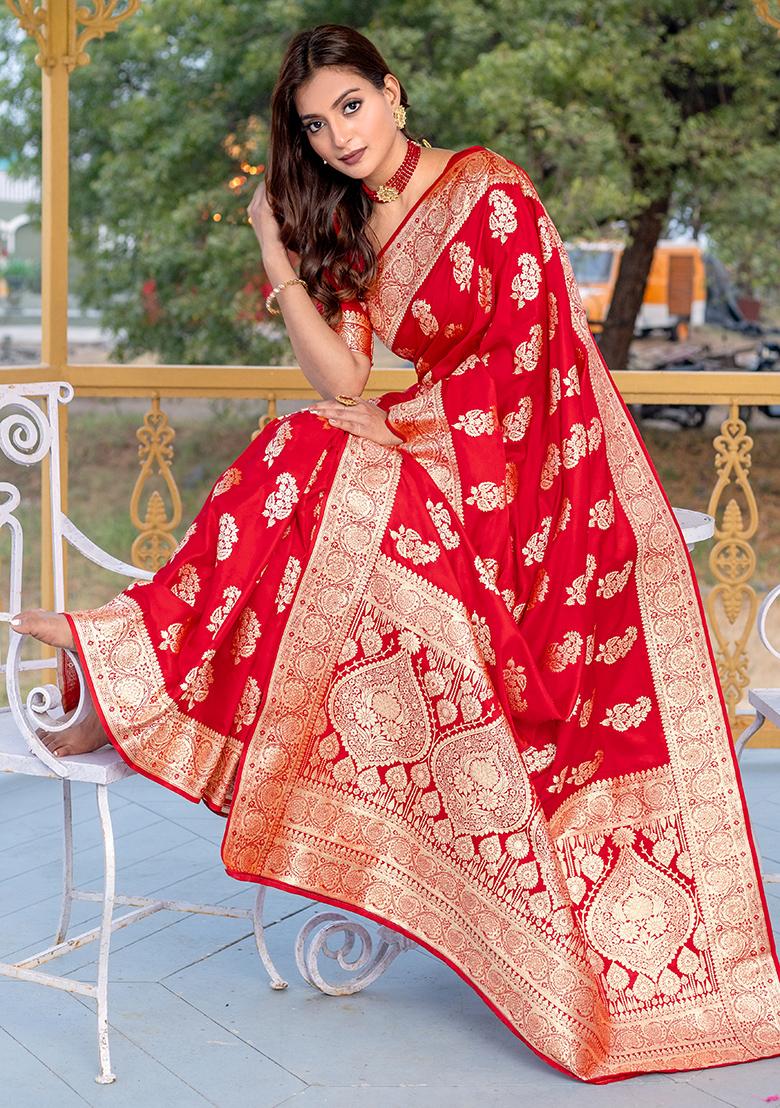 Red Banarasi Zari Weaving Work Satin Silk Saree Set With Blouse