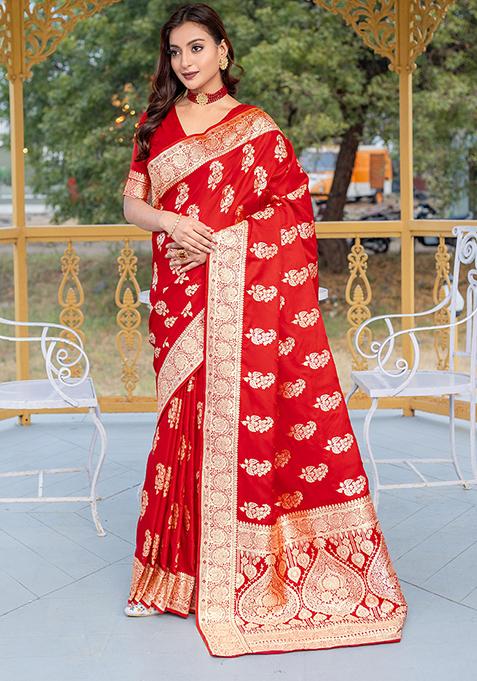 Red Banarasi Zari Weaving Work Satin Silk Saree Set With Blouse