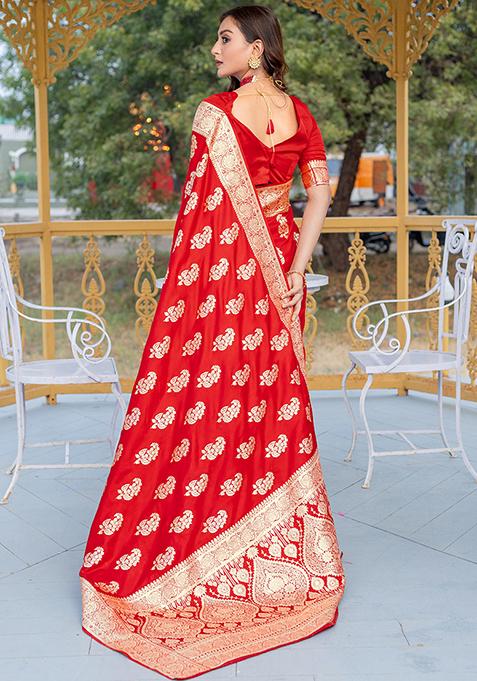 Red Banarasi Zari Weaving Work Satin Silk Saree Set With Blouse