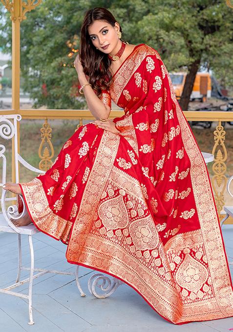 Red Banarasi Zari Weaving Work Satin Silk Saree Set With Blouse