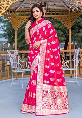 Pink Banarasi Zari Weaving Work Satin Silk Saree Set With Blouse