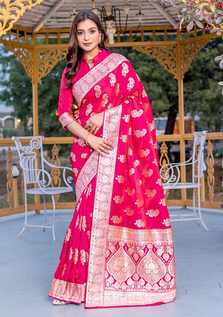 Pink Banarasi Zari Weaving Work Satin Silk Saree Set With Blouse