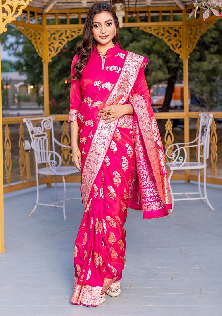 Pink Banarasi Zari Weaving Work Satin Silk Saree Set With Blouse