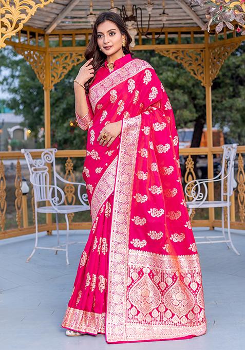 Pink Banarasi Zari Weaving Work Satin Silk Saree Set With Blouse