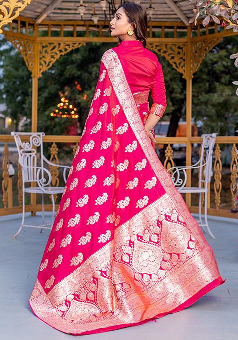 Pink Banarasi Zari Weaving Work Satin Silk Saree Set With Blouse