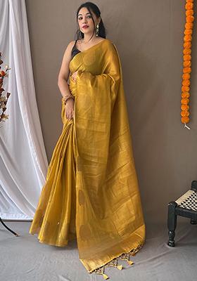 Cream Pure Zari Weaving Work Pure Tissus Silk Saree Set With Blouse