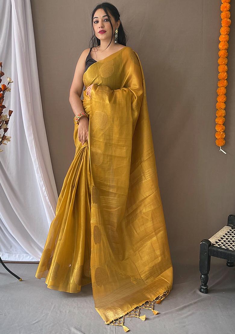 Cream Pure Zari Weaving Work Pure Tissus Silk Saree Set With Blouse