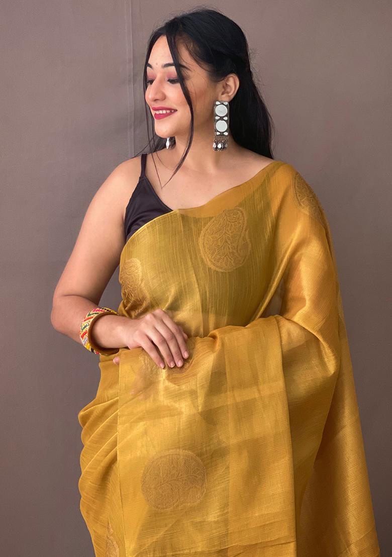 Cream Pure Zari Weaving Work Pure Tissus Silk Saree Set With Blouse