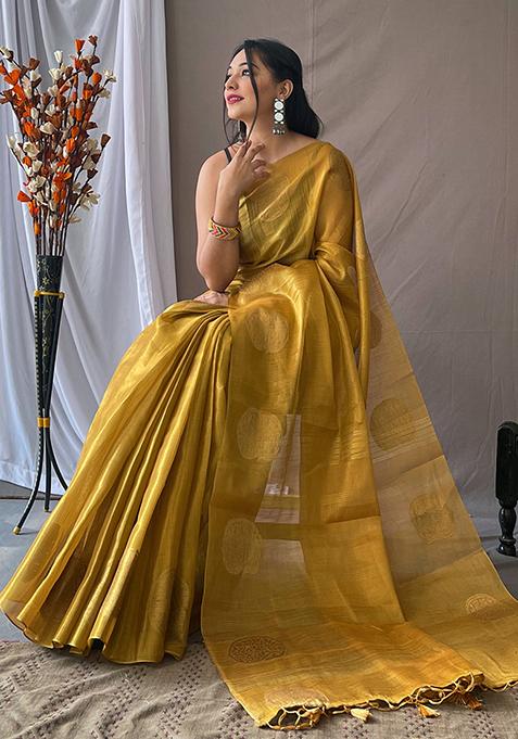 Cream Pure Zari Weaving Work Pure Tissus Silk Saree Set With Blouse