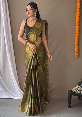 Peach Pure Zari Weaving Work Pure Tissus Silk Saree Set With Blouse