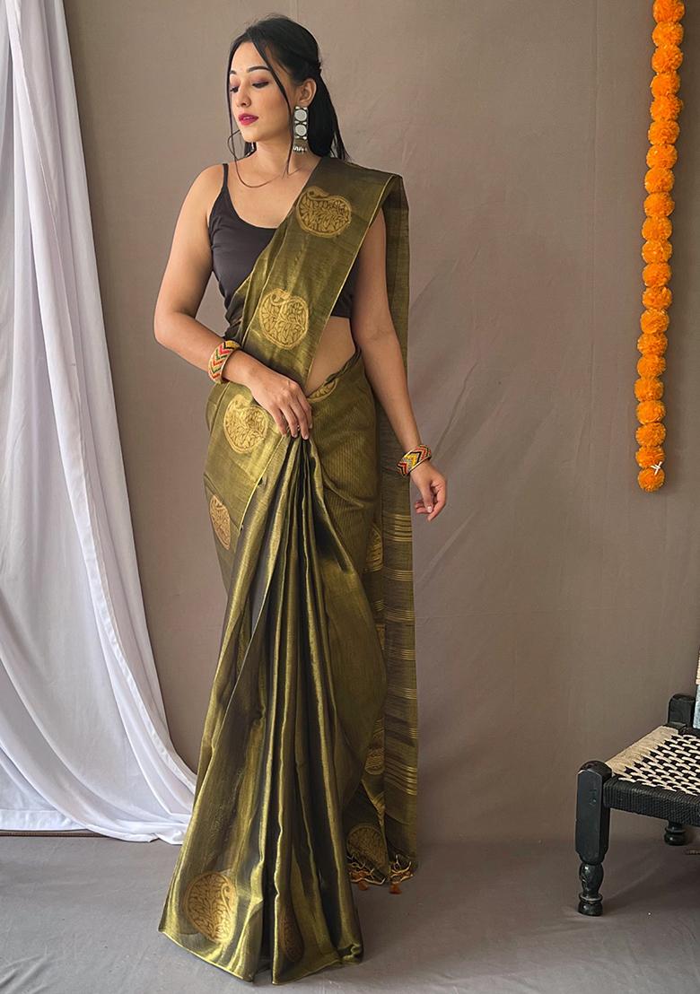 Peach Pure Zari Weaving Work Pure Tissus Silk Saree Set With Blouse