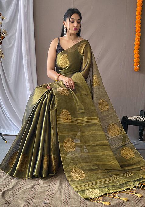 Peach Pure Zari Weaving Work Pure Tissus Silk Saree Set With Blouse