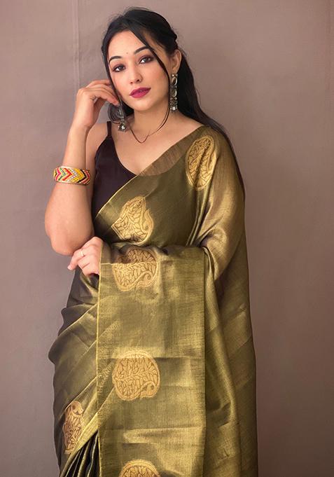 Peach Pure Zari Weaving Work Pure Tissus Silk Saree Set With Blouse