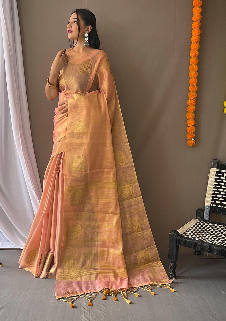 Gold Pure Zari Weaving Work Pure Tissus Silk Saree Set With Blouse