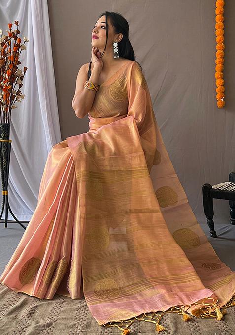 Gold Pure Zari Weaving Work Pure Tissus Silk Saree Set With Blouse