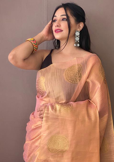 Gold Pure Zari Weaving Work Pure Tissus Silk Saree Set With Blouse