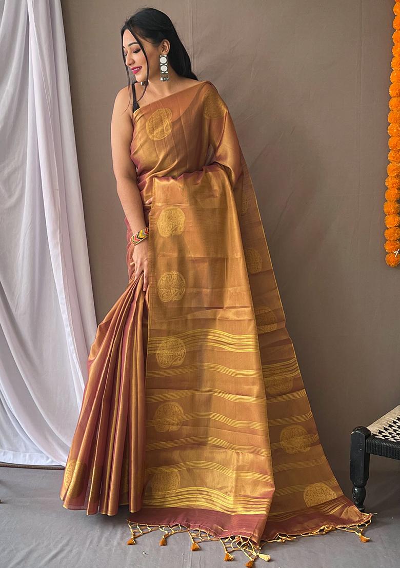 Pink Pure Zari Weaving Work Pure Tissus Silk Saree Set With Blouse