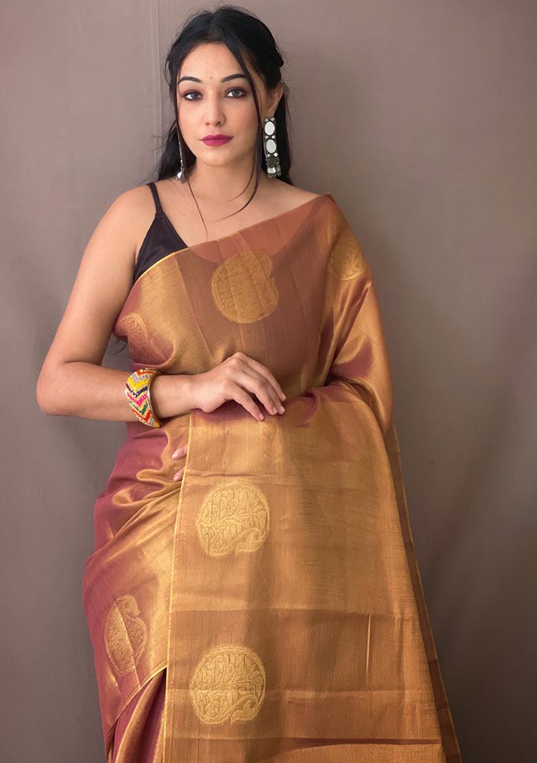 Pink Pure Zari Weaving Work Pure Tissus Silk Saree Set With Blouse